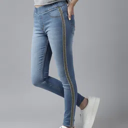 UTH by Roadster Girls Blue Washed Denim Jeggings with Side Taping Detail-image-93