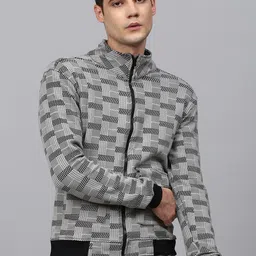 Campus Sutra Men Grey Geometric Checked Windcheater Bomber Jacket-picture-4