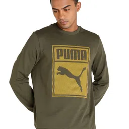 Puma Men Olive Green Brand Logo Printed Graphic Crew Pullover Sweatshirt-image-17
