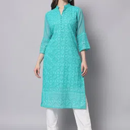 HERE&NOW Women Turquoise Blue Ethnic Motifs Embroidered Thread Work Georgette Kurta-image-93