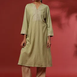 Abhishti Floral Yoke Design Mandarin Collar Mirror Work Straight Kurta With Trousers-picture-26