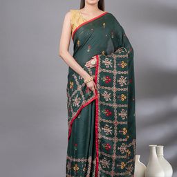 MAHALASA Floral Printed Mirror Work Jute Cotton Saree-image-65