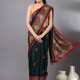 MAHALASA Paisley Printed Mirror Work Jute Cotton Saree-image-84