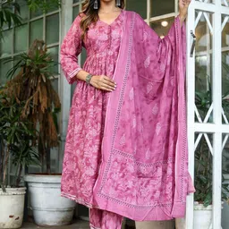 AAYUMI Floral Printed V-Neck Pure Cotton Anarkali Kurta With Trousers & Dupatta-picture-26