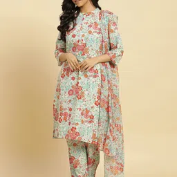 W Floral Printed Regular Pure Cotton Straight Kurta with Trouser & Dupatta-15