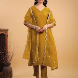 Janasya Women Regular Gotta Patti Chanderi Silk Kurta with Trousers & With Dupatta-14