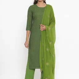 Fabriko Women Green Printed Regular Pure Cotton Kurta with Trousers & With Dupatta-picture-1