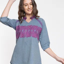 Elthia Ethnic Motifs Embroidered Thread Work Denim Straight Kurti-picture-46
