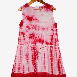 KiddoPanti Girls Pink & White Tie and Dye Dyed A-Line Dress With Dori-image-22