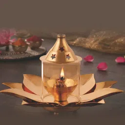 BOROSIL Kamal Diya Gold Toned Glass Oil Lamp With Tea Light Holder & Glass Chimney-image-84