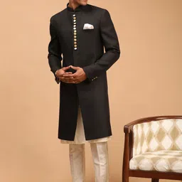 VASTRAMAY Men Black & Cream-Coloured Solid Slim-Fit Sherwani-picture-50