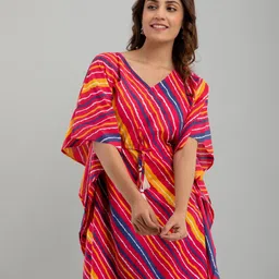 FrionKandy Multicoloured Striped Kimono Sleeve Cotton Kaftan Longline Top-picture-6