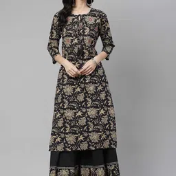 KALINI Floral Printed Tie-Up Neck Regular Pure Cotton Kurta With Palazzos-0