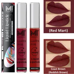 MI FASHION Set of 2 Smudge Free Matte Finish Moisturizing Liquid Lipstick - Red & Brown-32