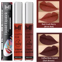 MI FASHION Set of 2 Smudge Free Matte Finish Moisturizing Liquid Lipstick - Red & Brown-25