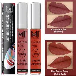 MI FASHION Set of 2 Smudge Free Matte Finish Moisturizing Liquid Lipsticks - Red & Brown-53