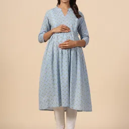 CRAFIQA Ethnic Motif Printed Maternity Mandarin Collar Pure Cotton Anarkali Kurta-image-6