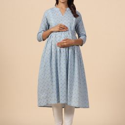 CRAFIQA Ethnic Motifs Printed Anarkali Pure Cotton Maternity & Nursing Kurta-image-57