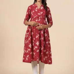 CRAFIQA Maternity Floral Printed Band Collar Pure Cotton Anarkali Kurta-image-38