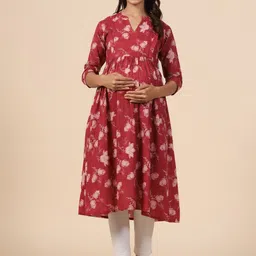 CRAFIQA Floral Printed Maternity Mandarin Collar Pure Cotton Anarkali Kurta-image-74