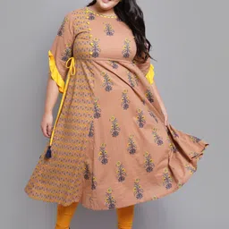 YASH GALLERY Women Beige & Yellow Ethnic Motifs Printed Flared Sleeves A-line Kurta-picture-6