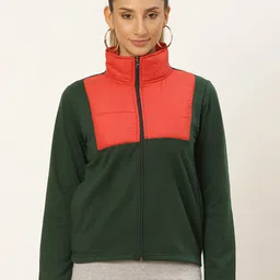 Belle Fille Women Teal Green & Red Colourblocked Fleece Lightweight Tailored Jacket-image-66
