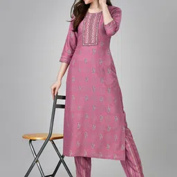 ARADHNA Ethnic Motifs Pinted Thread Work Detail Straight Kurta with Trousers-image-35
