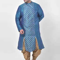 DEYANN PLUS Men Blue & Gold-Coloured Angrakha Dupion Silk Kurta with Dhoti Pants-picture-58