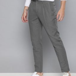 Mast & Harbour Men Charcoal Grey Slim Fit Solid Regular Pleated Linen Cotton Trousers-image-32