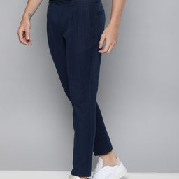 Mast & Harbour Men Navy Blue Slim Fit Solid Regular Pleated Linen Cotton Trousers-image-36