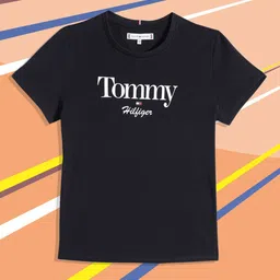 Tommy Hilfiger Girls Navy Blue Brand Logo Glitter Print Round Neck Indigo Pure Cotton Top-picture-5