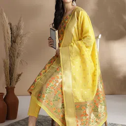 RAJGRANTH Ethnic Motif Woven Design Chanderi Cotton Straight Kurta With Trousers & Dupatta-picture-15