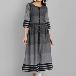 HETSA Women Black Striped Cotton Blend Front Slit Anarkali Kurta-55