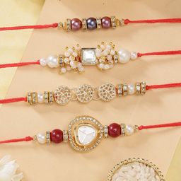KARATCART Set of 4 Gold-Plated Kundan-Studded Rakhi With Roli Chawal-39