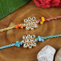 Asthetika Set Of 2 Kundan Stone Rakhis With Greeting Card & Roli Chawal-image-55