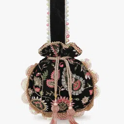 Anekaant Women Black & Pink Embroidered Potli Clutch-22