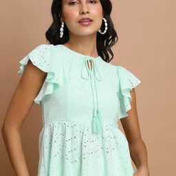 Tokyo Talkies Self Design Tie-Up Neck Flutter Sleeves Schiffli Detail Peplum Top-picture-21