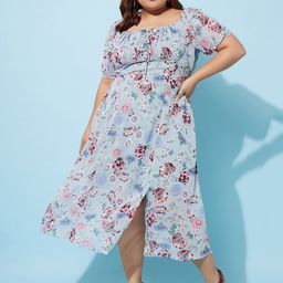 Athena Ample Plus Size Floral Printed Squared Midi Fit & Flare Dress image 1