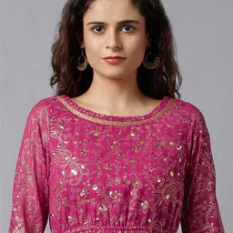 AURELIA Pink Ethnic Motifs Embellished Three-Quarter Sleeves Maxi Dress image 2