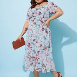 Athena Ample Plus Size Floral Printed Squared Midi Fit & Flare Dress image 5