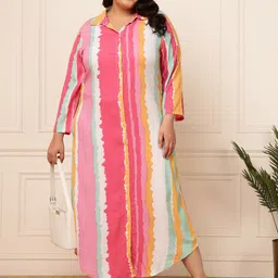DEEBACO Plus Size Striped Print Shirt Collar A-Line Maxi Dress-image-49