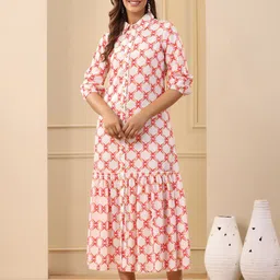 Jaipur Kurti Ethnic Motifs Printed Puff Sleeves Gather tiered Cotton A-Line Midi Dress-8