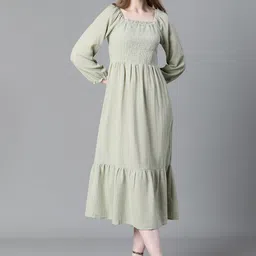 Oxolloxo Square Neck Puffed Sleeves Smocked Cotton A-Line Midi Dress-image-90