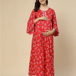 Sweet Dreams Red Floral Printed Bell Sleeves Pleated Maternity A-Line Midi Dress-image-29