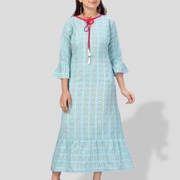 BAESD Girls Geometric Printed Tie-Up Neck Bell Sleeves A-Line Maxi Dress-picture-16