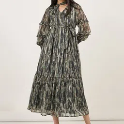 Styli Women V-Neck Abstract Print Balloon Sleeve Tiered Maxi Dress-image-87