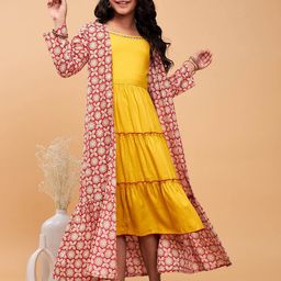 Stylo Bug Girls Shoulder Straps Tiered Cotton Fit and Flare Midi Dress With Jacket-image-80