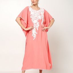 CRAFTBAZAR Floral Printed Round Neck Kimono Sleeves Opaque A-Line Maxi Dress-image-91