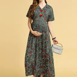 MomToBe Paisley Printed Lapel Collar Maternity A-Line Maxi Dress-image-61