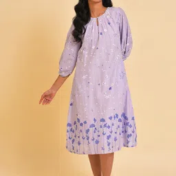 W White Floral Printed Keyhole Neck Pure Cotton A-Line Midi Dress-picture-16